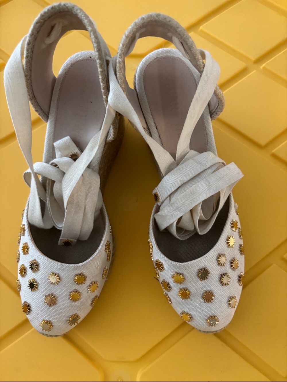 Stuart Weitzman White Embellished Espadrille Wedge Sandals with Gold Studs 38